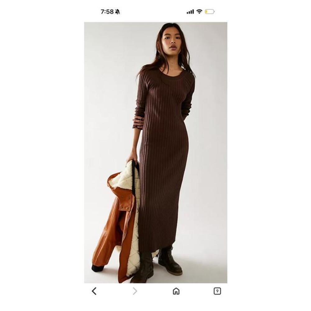 NWOT FREE PEOPLE FP Beach Walk About Brown Ribbed Long Sleeve Maxi Dress M